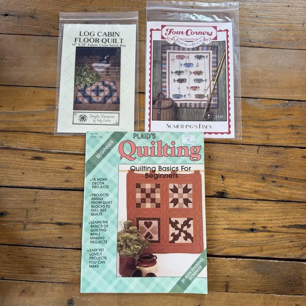 Quilting Pattern Lot Log Cabin Rug Four Corners Fishy Plaid Beginner Quilt 3pc